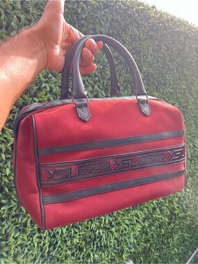 Vintage YSL Red Canvas Top-Handle Travel Bag with Black Trim